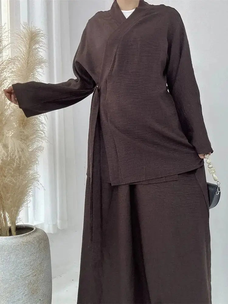 Eid Plain 2 Piece Abaya Set Tops Skirt Modest Muslim Sets Abayas For Women Clothing Robe Zohir Store