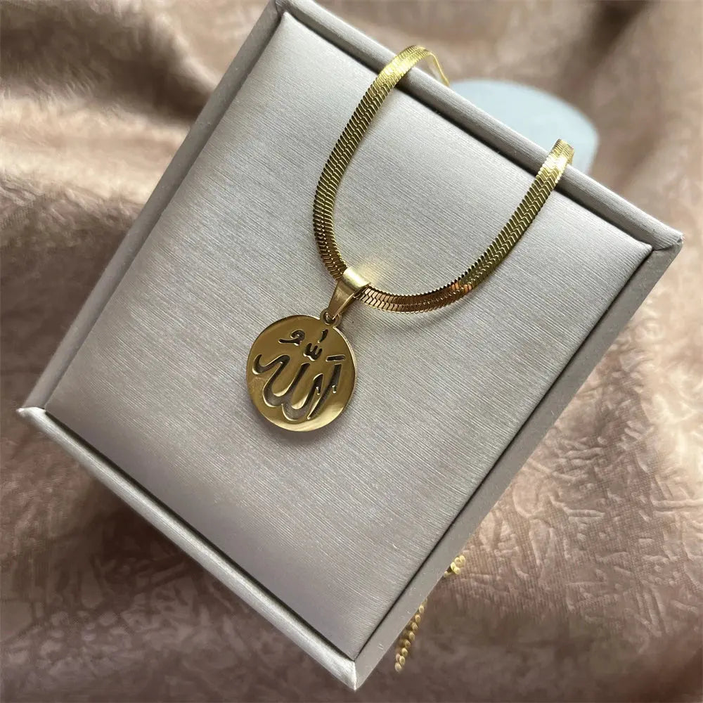 Round Disc Pendant in Arabic Necklaces Women Islamic Fashion Jewelry Stainless Steel Zohir Store