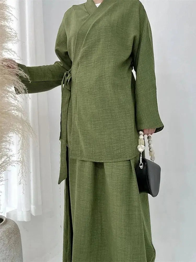 Eid Plain 2 Piece Abaya Set Tops Skirt Modest Muslim Sets Abayas For Women Clothing Robe Zohir Store