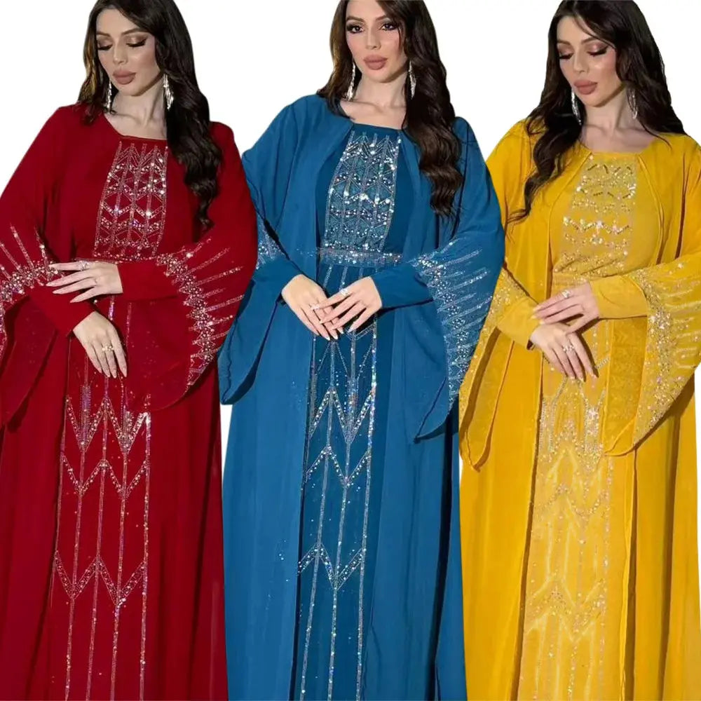 Chiffon Dubai Abaya Arabia Muslim Dress Women Lace-up Casual Party Elegance Fake Two Pieces Daily Dress Kaftan Femme Musulman - Zohir Store