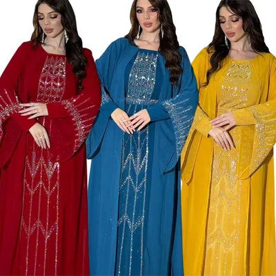 Chiffon Dubai Abaya Arabia Muslim Dress Women Lace-up Casual Party Elegance Fake Two Pieces Daily Dress Kaftan Femme Musulman - Zohir Store