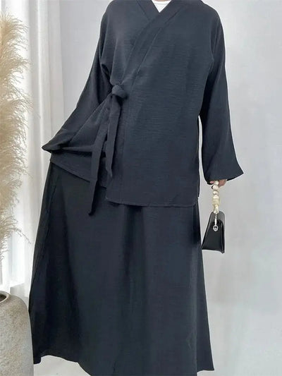 Eid Plain 2 Piece Abaya Set Tops Skirt Modest Muslim Sets Abayas For Women Clothing Robe Zohir Store