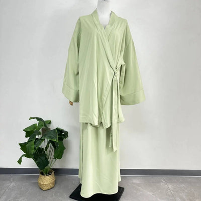 Eid Muslim Women Two Piece Set Kaftan Islam Lace Up Tops Skirt Suits Morocco Ensembles Abaya Turkey Ramadan Modest Outfits Zohir Store