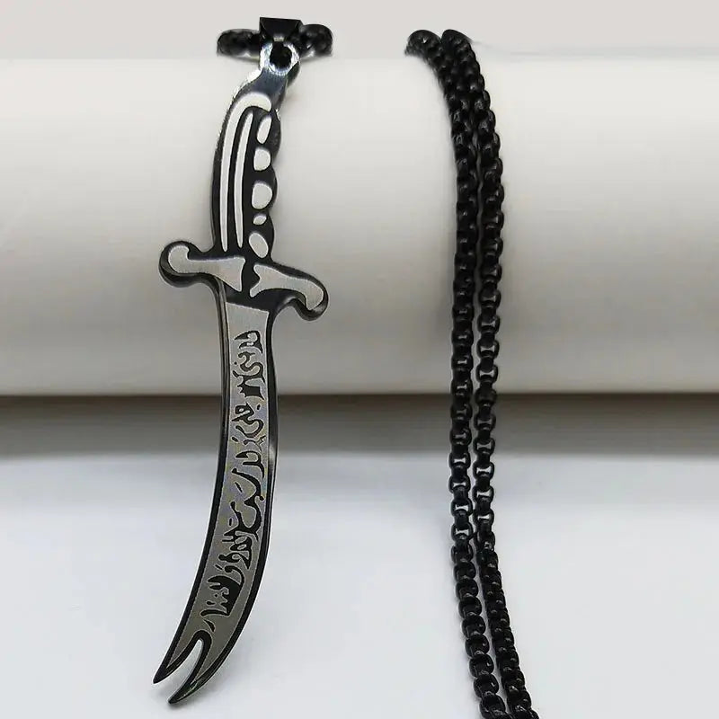 Islam Imam Ali Zulfiqar Sword Allah Knife Stainless Steel Chain Men Necklace Black Islamic Muslim Pendant Neck Jewerly N437 - Zohir Store