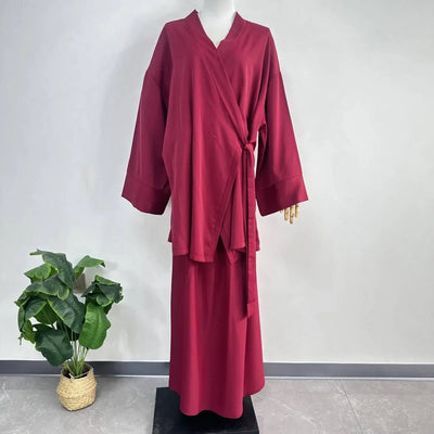 Eid Muslim Women Two Piece Set Kaftan Islam Lace Up Tops Skirt Suits Morocco Ensembles Abaya Turkey Ramadan Modest Outfits Zohir Store