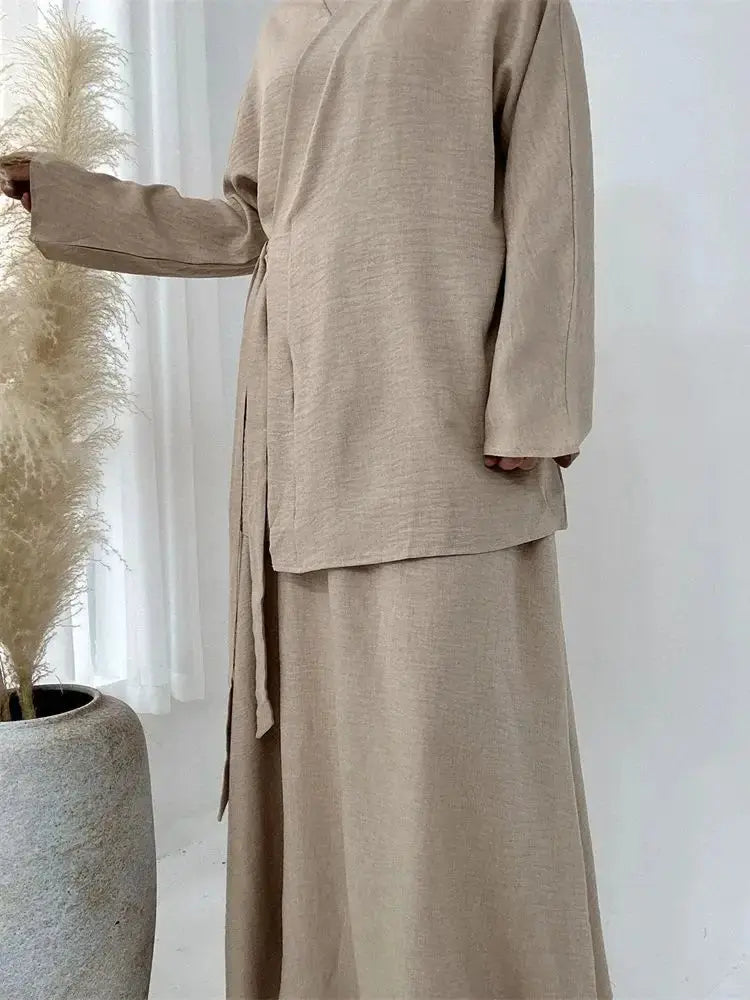 Eid Plain 2 Piece Abaya Set Tops Skirt Modest Muslim Sets Abayas For Women Clothing Robe Zohir Store